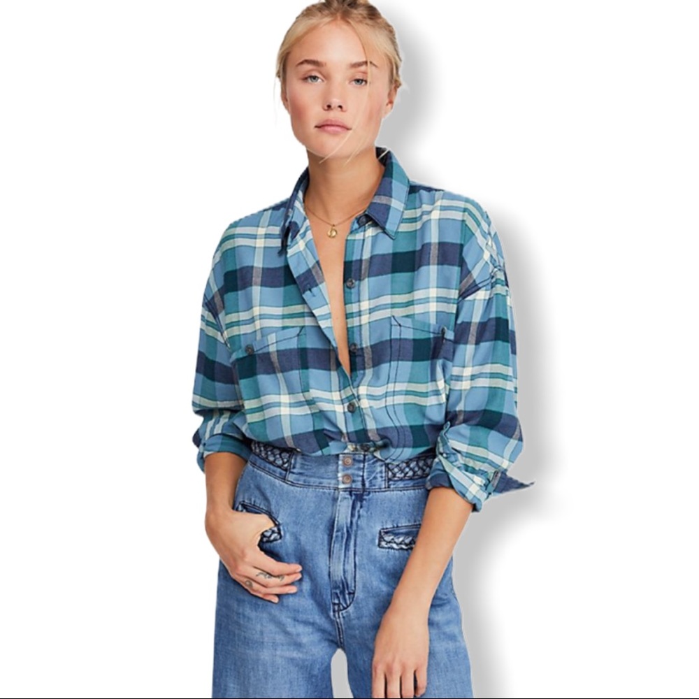 $108 NWT Free People Loveland Plaid Button Down